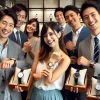 A group of happy Japanese people celebrating after finding their favorite luxury watch from a wide selection. They are holding their chosen watches, smiling, and standing in a modern, luxurious store. The scene is joyful and filled with excitement, capturing the satisfaction of their new purchase, with elegant watches displayed in the background.