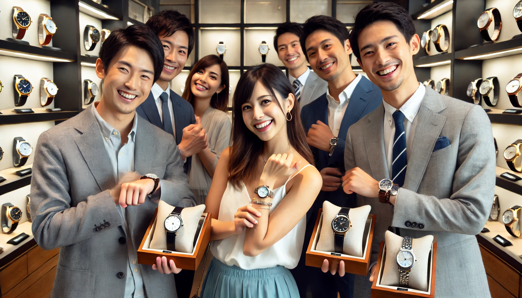 A group of happy Japanese people celebrating after finding their favorite luxury watch from a wide selection. They are holding their chosen watches, smiling, and standing in a modern, luxurious store. The scene is joyful and filled with excitement, capturing the satisfaction of their new purchase, with elegant watches displayed in the background.