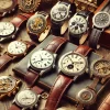 A variety of luxury antique wristwatches being displayed in different settings for trade. The image features elegant watches with intricate designs, different materials like leather, gold, and steel, laid out in various conditions representing their trade or sale. The scene is set with a vintage, sophisticated backdrop of a luxury watch market, excluding brand logos.