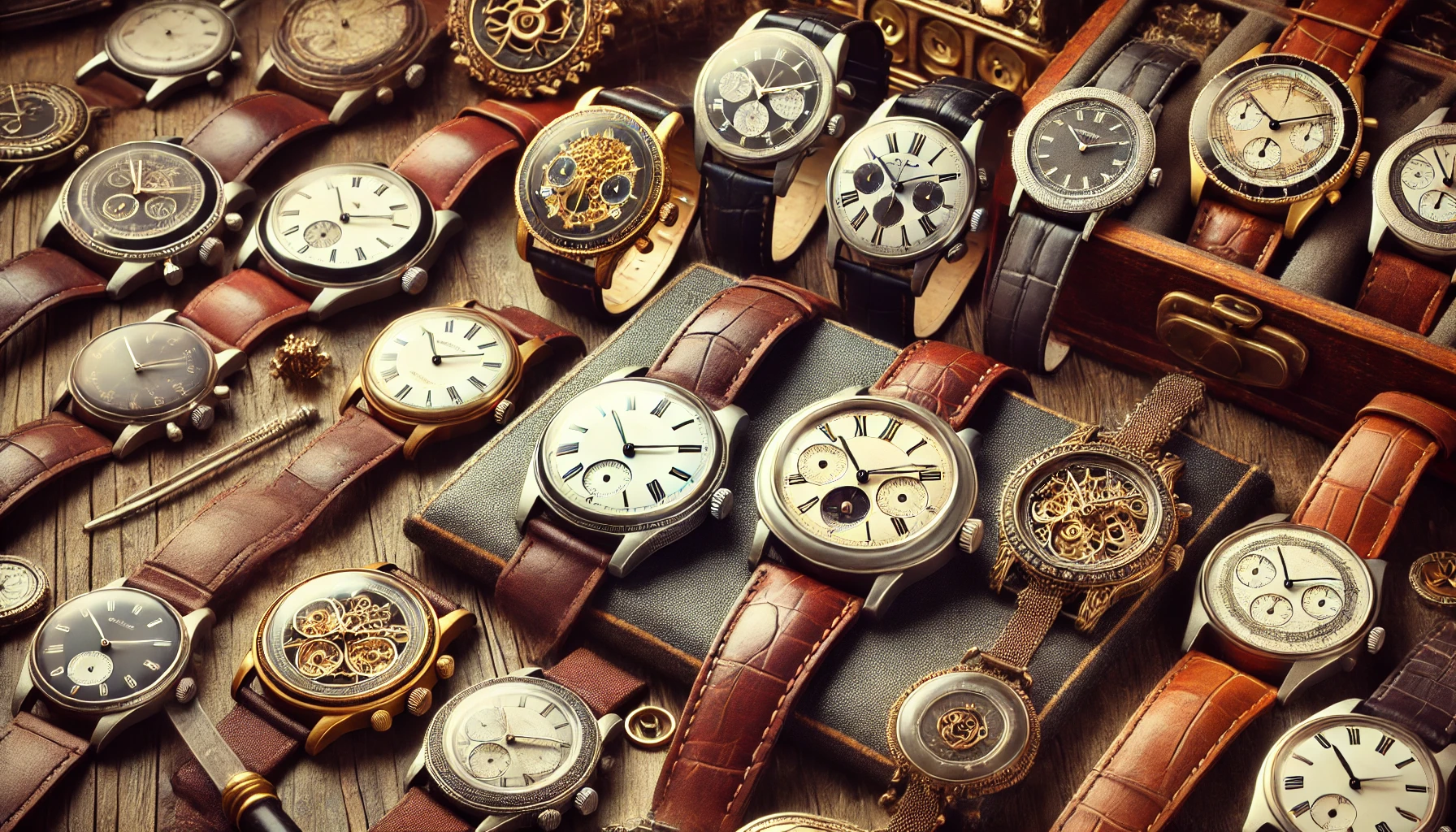 A variety of luxury antique wristwatches being displayed in different settings for trade. The image features elegant watches with intricate designs, different materials like leather, gold, and steel, laid out in various conditions representing their trade or sale. The scene is set with a vintage, sophisticated backdrop of a luxury watch market, excluding brand logos.