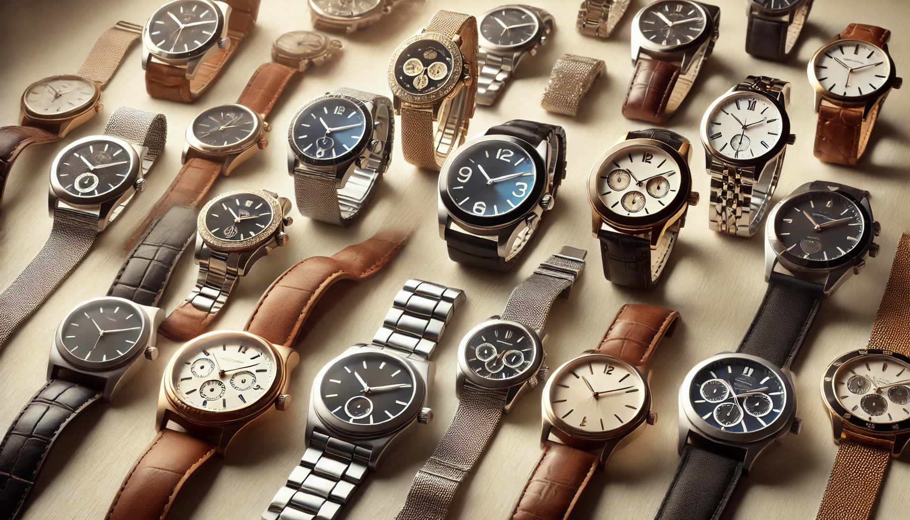 A variety of luxury wristwatches appealing to a wide range of age groups, showing their popularity across generations. The watches are displayed on a soft, neutral background. The scene conveys timeless elegance with various designs suitable for different age groups, from classic designs for older adults to modern, sleek styles for younger generations. No brand logos are visible.