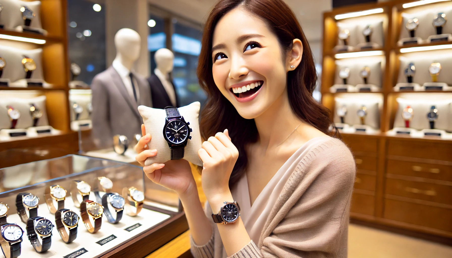 A Japanese woman joyfully holding her favorite luxury wristwatch that she just found and purchased from a variety of options. She is smiling brightly, expressing excitement and happiness. The background shows a high-end, elegant watch store with various luxury watches displayed, reflecting her satisfaction with the purchase. No brand logos visible.