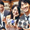 A group of Japanese people happily holding their favorite luxury wristwatches after finding and purchasing them from a variety of options. They are smiling, expressing joy and satisfaction. The background is a high-end watch store with an elegant display of luxury watches, reflecting the excitement of their purchase. No brand logos visible.