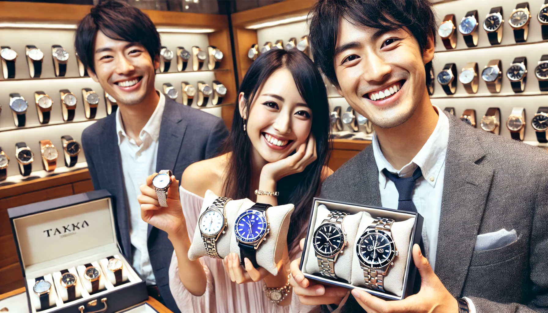 A group of Japanese people happily holding their favorite luxury wristwatches after finding and purchasing them from a variety of options. They are smiling, expressing joy and satisfaction. The background is a high-end watch store with an elegant display of luxury watches, reflecting the excitement of their purchase. No brand logos visible.