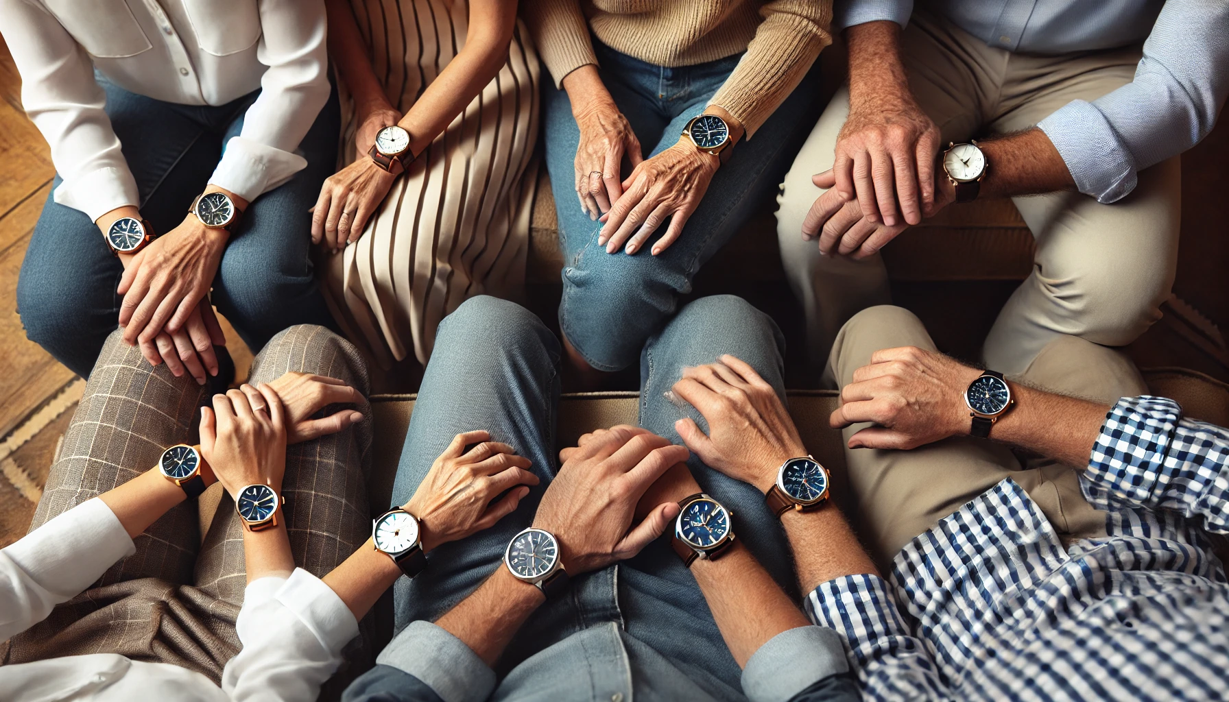 A scene showcasing a diverse group of people spanning various age groups, each wearing a luxury wristwatch. The setting is casual yet elegant, emphasizing the broad appeal of high-end watches. No brand logos visible. 16:9 aspect ratio.