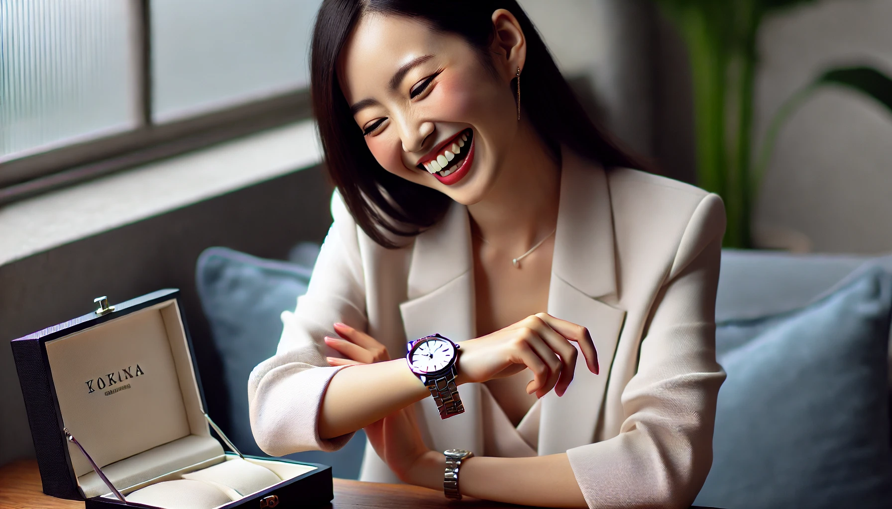 A joyful Japanese woman, in an elegant and modern setting, admiring a luxury wristwatch she recently purchased. The scene emphasizes her happiness and the unique appeal of finding the perfect watch. No brand logos visible. 16:9 aspect ratio.