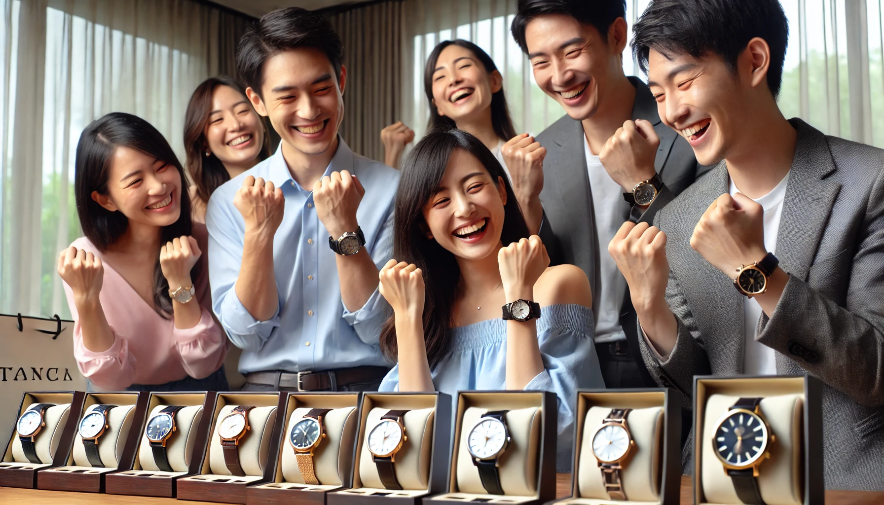 A joyful group of diverse individuals, including Japanese people, celebrating after purchasing their favorite luxury wristwatches. The scene reflects their excitement and the satisfaction of finding the perfect timepiece. Modern and elegant setting, 16:9 aspect ratio, no brand logos visible.