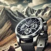 A luxurious wristwatch inspired by mountaineering, positioned against a backdrop of rugged mountain terrain. The scene contrasts between a high-end aesthetic and polarized opinions on the watch's value. Focus on the watch as the centerpiece, avoiding brand logos. 16:9 aspect ratio.