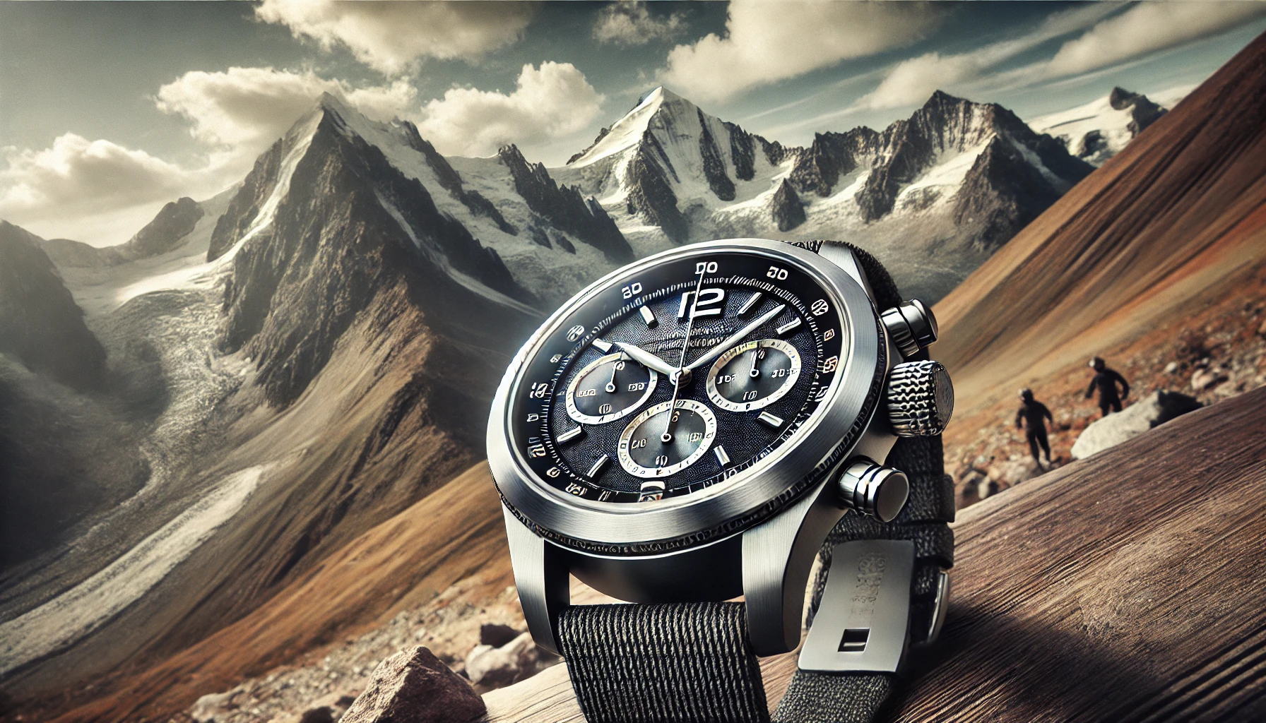 A luxurious wristwatch inspired by mountaineering, positioned against a backdrop of rugged mountain terrain. The scene contrasts between a high-end aesthetic and polarized opinions on the watch's value. Focus on the watch as the centerpiece, avoiding brand logos. 16:9 aspect ratio.