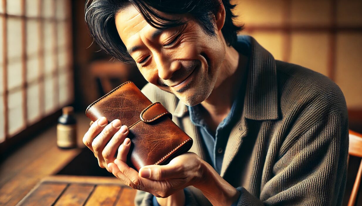 ビアベリーの財布の使いやすさに感動するおじさんのイメージ